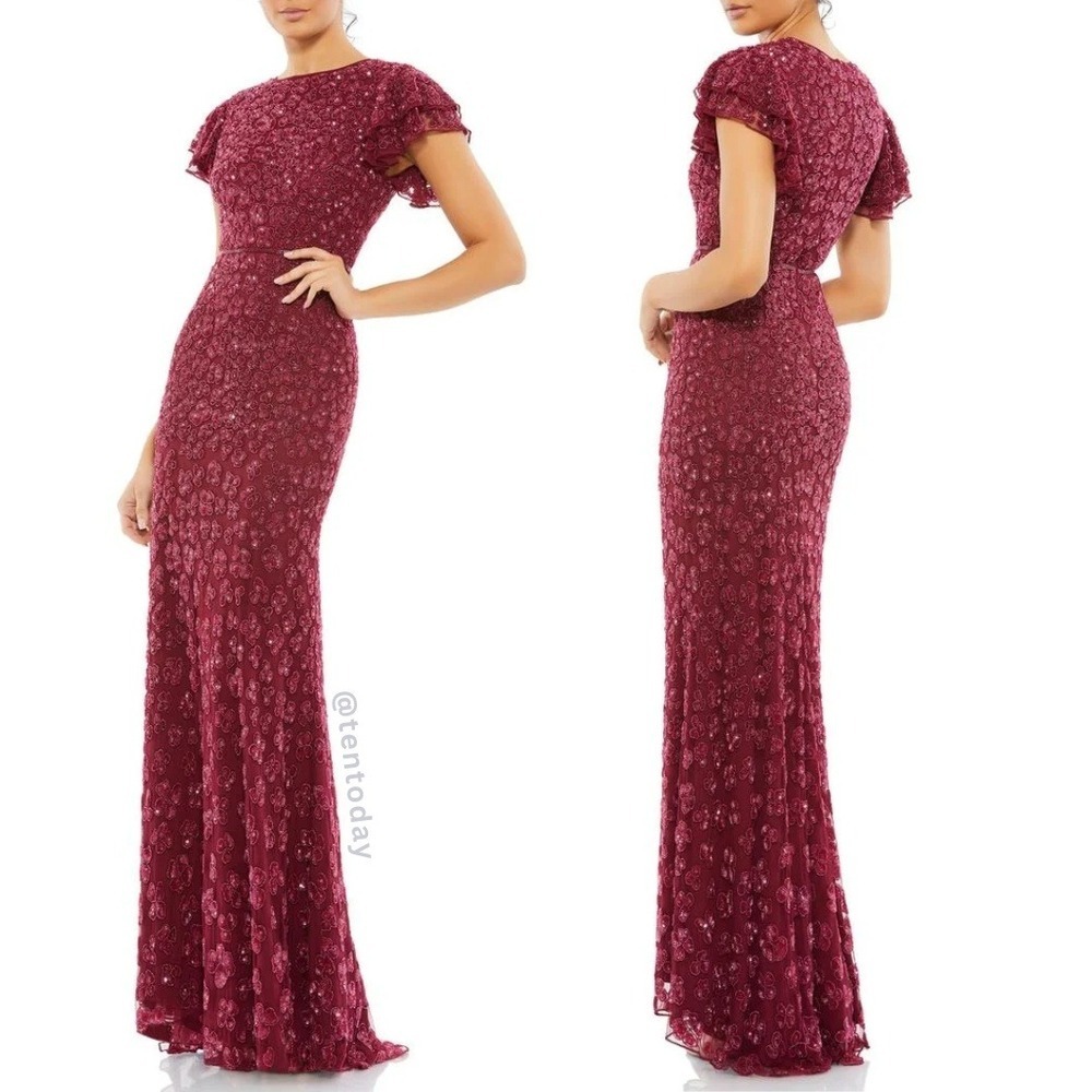 NWT Mac Duggal Size 18 Berry Pink Red Floral Beaded Long Maxi Dress Gown - Picture 4 of 4